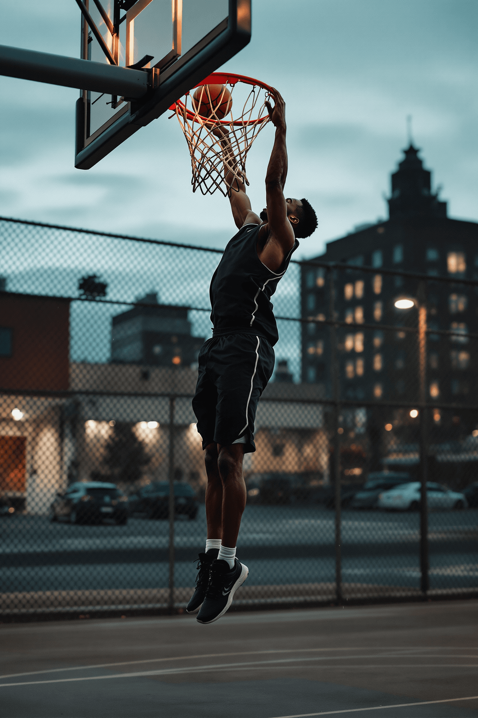 A young male player rising for an explosive layup at dusk