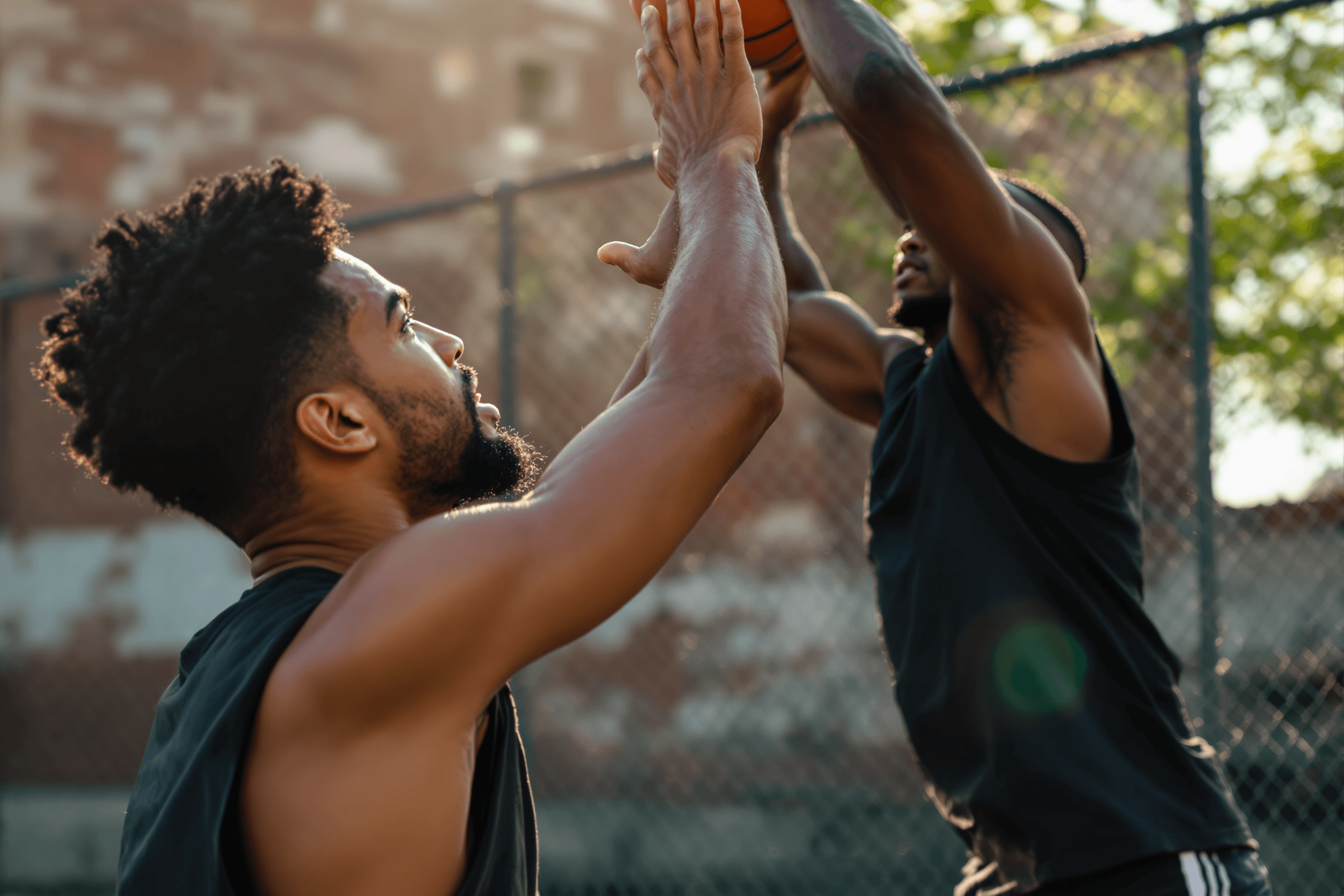 Two young men in a defensive 1v1 battle, golden hour