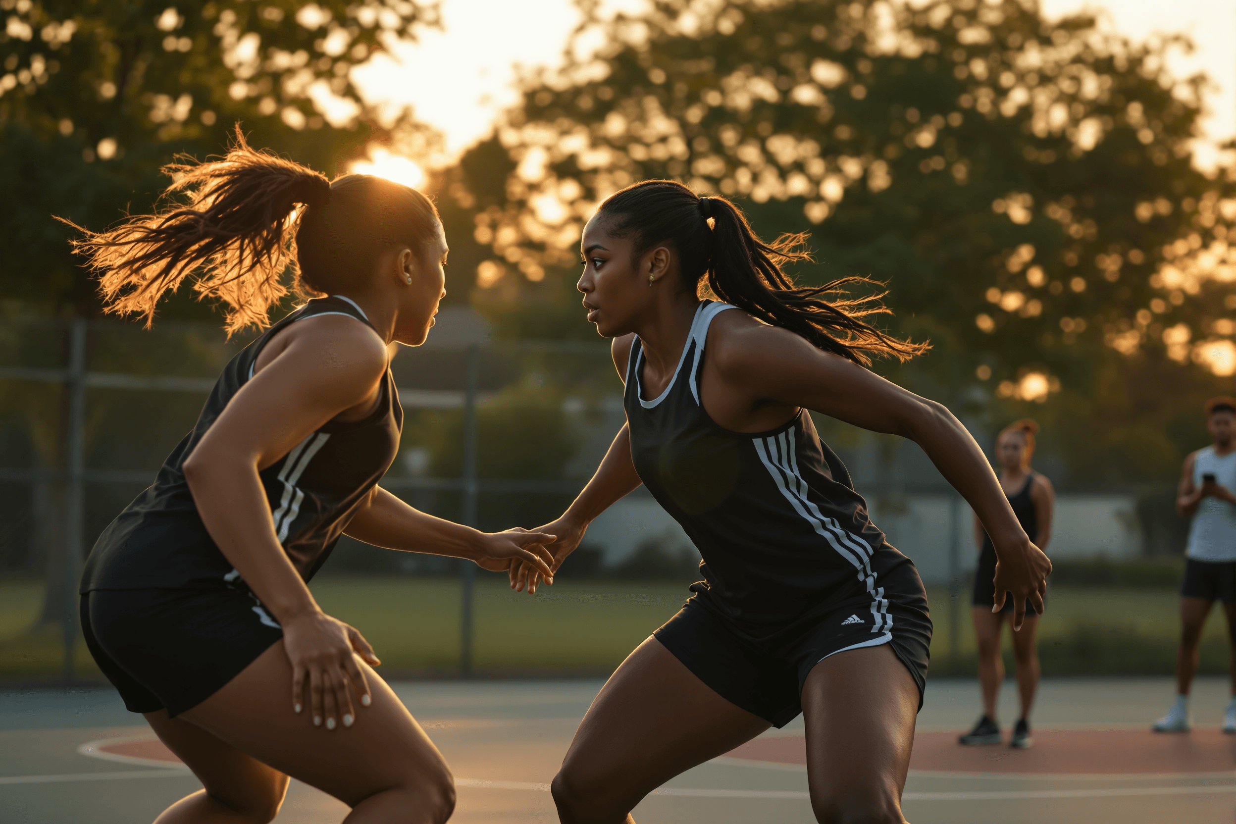 Three teenage girls on an outdoor court mid-1v1