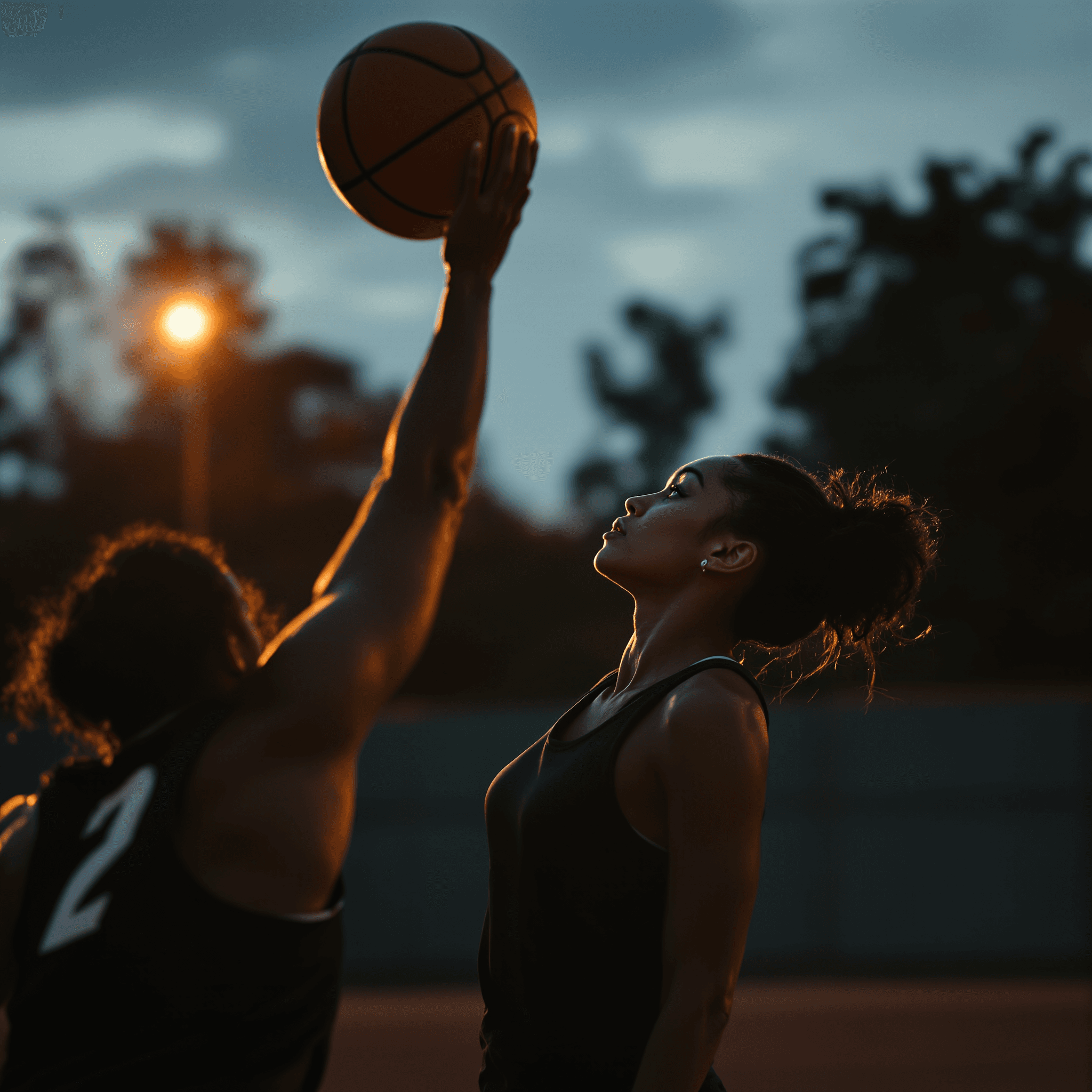 A young woman rising for a step-back jumpshot at dusk