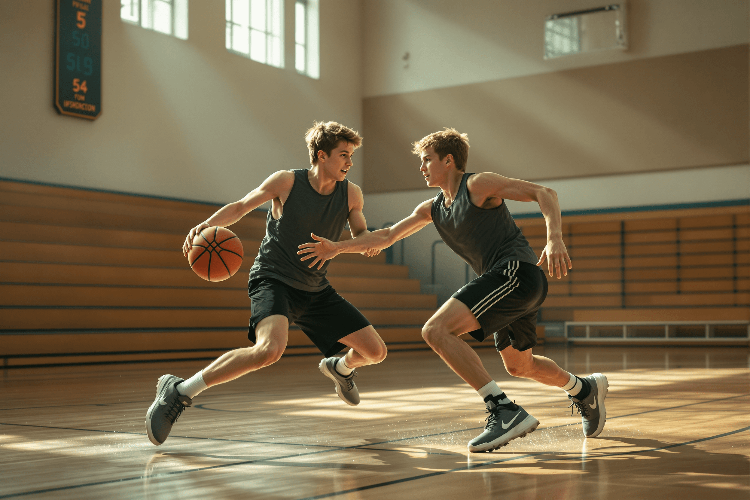 Two teen boys playing intense 1v1 on an outdoor court at twilight