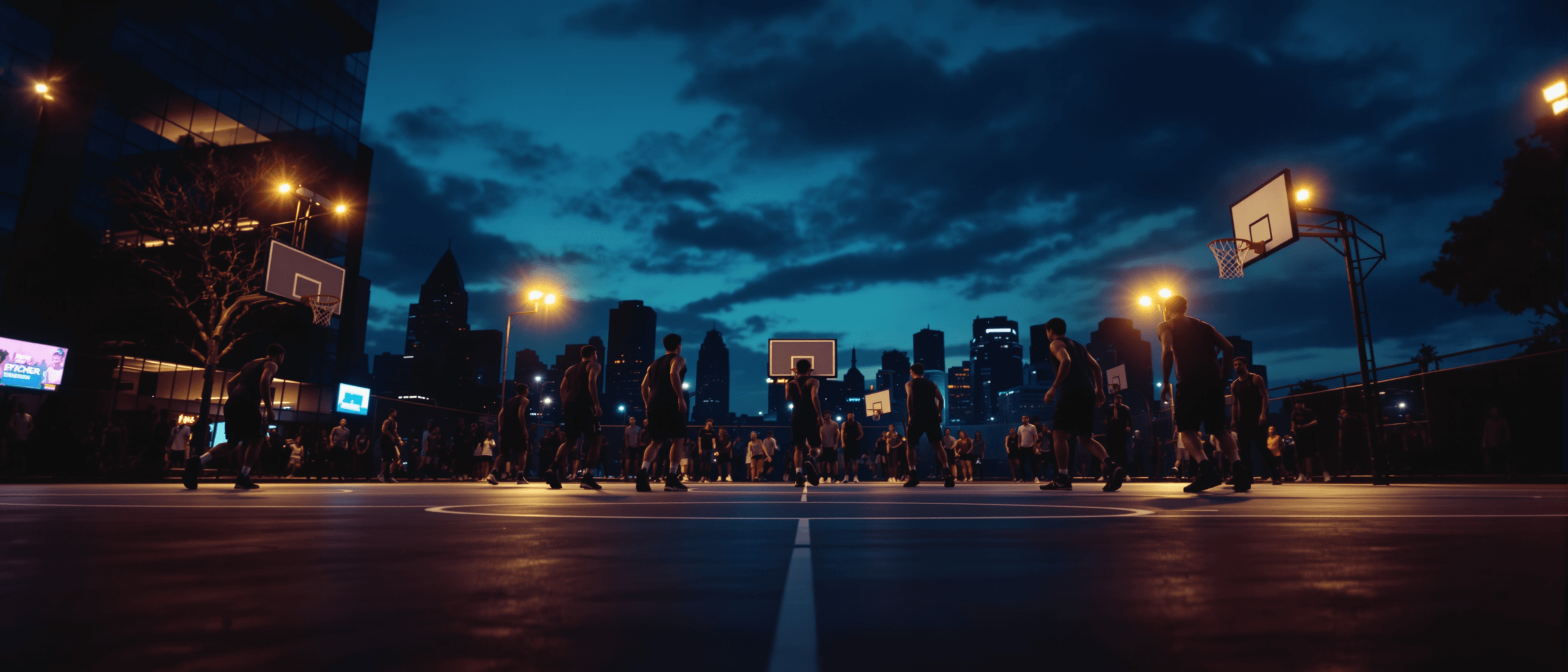 A busy outdoor city basketball court at twilight