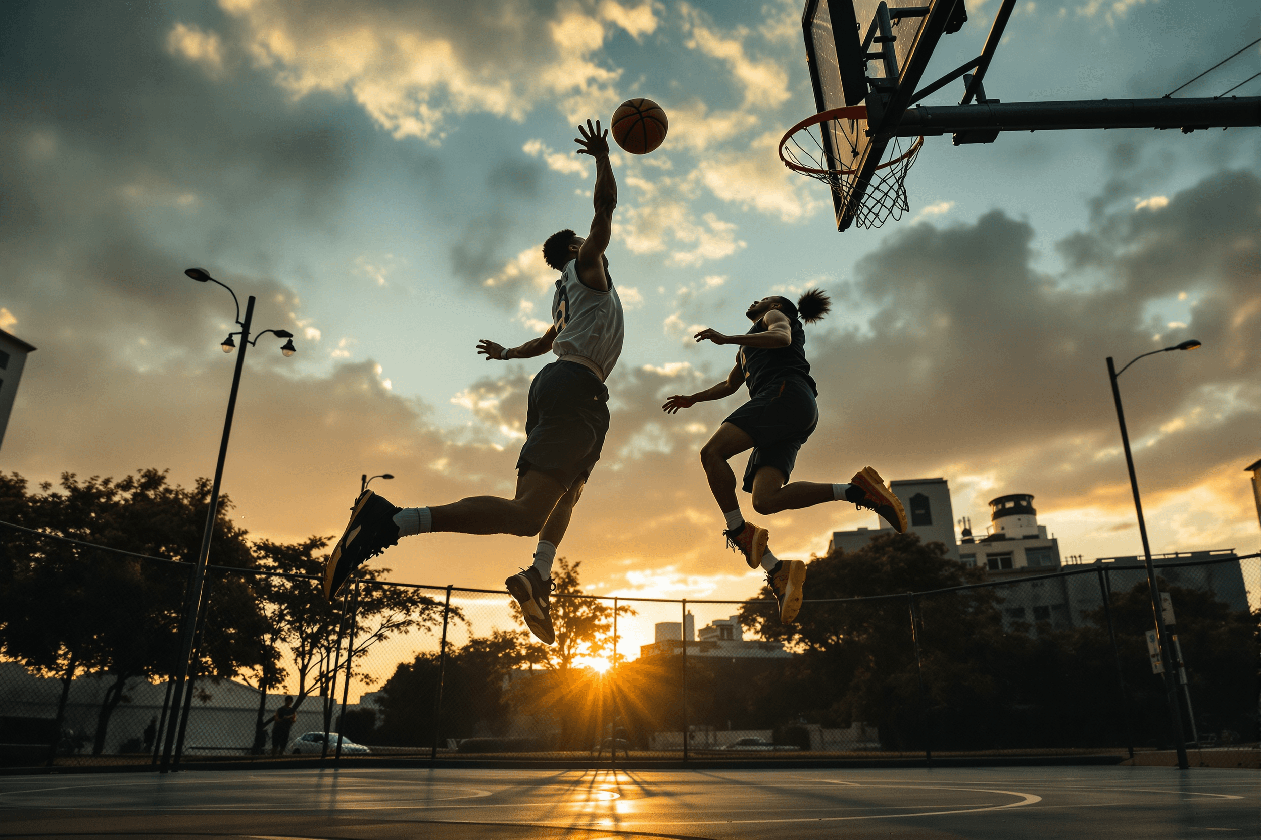 Two players airborne in a 1v1, dunk and contest at sunset