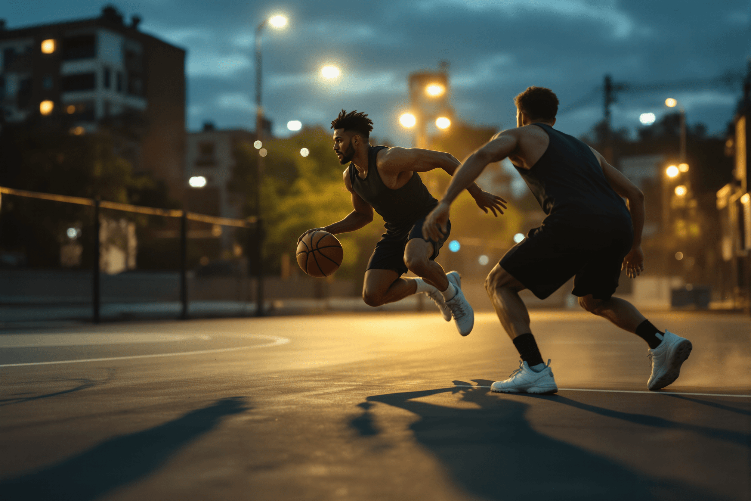 A player driving baseline against a defender at night under court lights