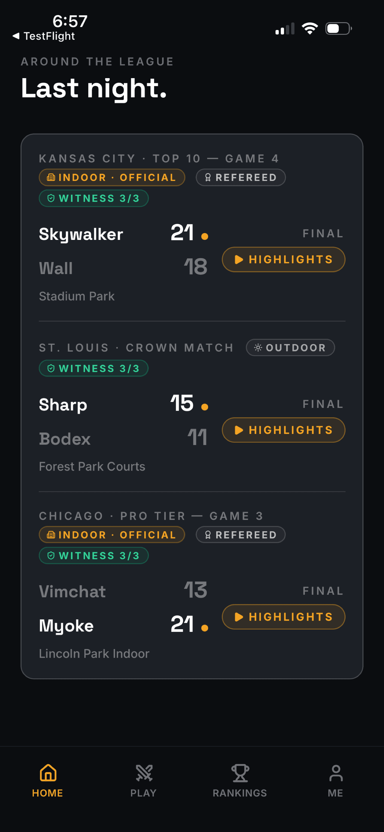 Around the league: recent verified matches